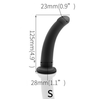 Small black dildo with flared base and smooth surface for easy cleaning.