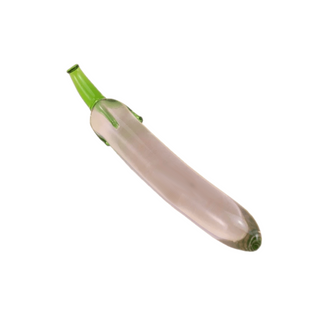 Glass eggplant dildo measuring 6.89 inches in length and 0.91 inches in diameter.