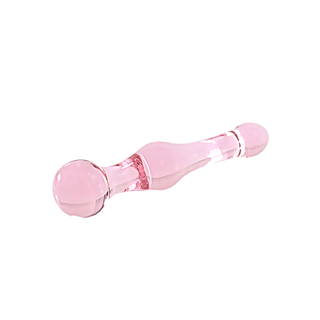 A picture of the pink glass wand measuring 7.5 inches long with contoured shape and non-porous material for easy cleaning.