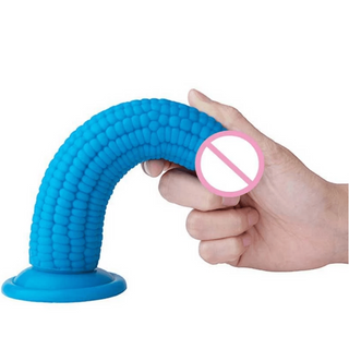 This is an image of Blue Corn 7 Inch Fetish Fantasy Dildo with a suction cup base, 2.28 inches wide, flexible and ribbed shaft for satisfaction.