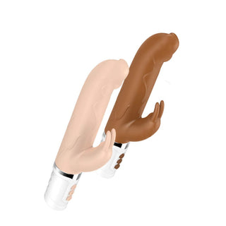 Pictured here is an image of Naughty Bunny Thrusting Vibrator Dildo in brown color with a lifelike texture and external arm for clitoral stimulation.