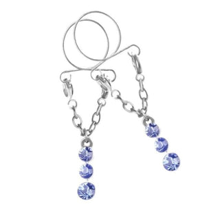 What you see is an image of Dangling Beads Faux Nipple Rings with silver clamps and blue jewels for an enticing experience.