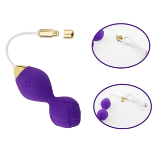 Observe an image of Blooming Rose Remote Control Kegel Balls, highlighting the body-safe silicone material and the easy cleaning process for optimal safety and pleasure.