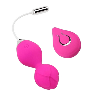 Here is an image of Blooming Rose Remote Control Kegel Balls in pink and plum colors, with detailed specifications on dimensions and materials used.