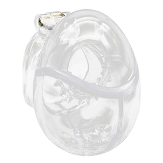 Check out an image of Full Enclosure Egg Cage, a transparent plastic chastity device for tease and denial.
