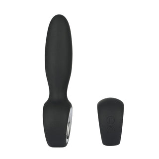 A sleek black silicone vibrating butt plug with 12-speed settings