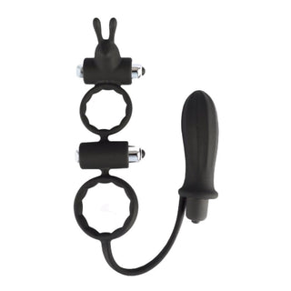 Feast your eyes on an image of Pure Delight Cock Vibrating Ring With Anal Stimulator in black silicone material with cock and ball ring dimensions of 7.09 inches (18cm) and plug measuring 3.94 inches (10cm).