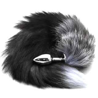 This is an image of Foxy Gray Ash Fox Tail 17 Inches Long Plug, highlighting the sleek design and unique teardrop shape.