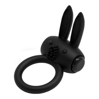 What you see is an image of Vibrating Black Rabbit Cock Ring with bunny ear-like clit stimulator and silicone material.