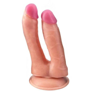 This is an image of Stuffing Overload Double Penetration Dildo, with one thicker dildo for anal play and one longer dildo for vaginal stimulation.