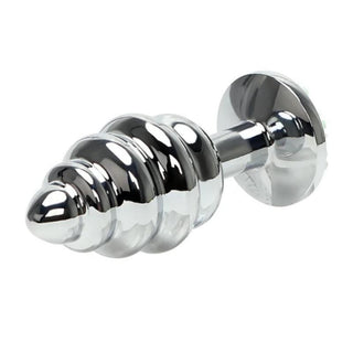 You are looking at an image of Shiny Ribbed Pretty Flower Metal Plug 2.76 Inches Long with a flower-shaped handle for easy use and an aesthetic appeal.