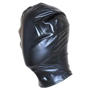 What you see is an image of Glossy Full Face Slave Hood made from high-quality PU leather, offering durability, comfort, and easy cleaning for safe and pleasurable sensory play.