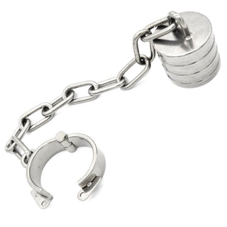 What you see is an image of a silver scrotum stretcher with durable stainless steel material and two weight options.