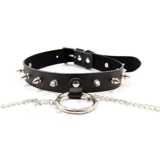 Product image of Studded with Spikes O Ring Choker With Nipple Covers showcasing chains leading to nipple covers for tantalizing play.