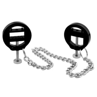 A close-up image of sleek black and silver Bondage Torture Clamps designed for intense sensations.