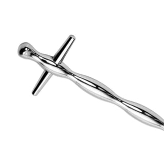 A silver stainless steel plug with a sword-like shape, designed for intense stimulation.