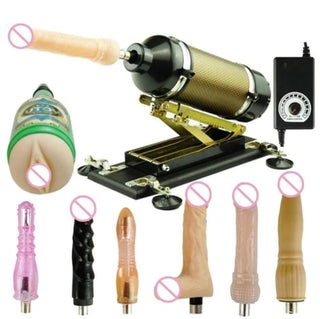 In the photograph, you can see an image of High-Powered Sex Machine Dildo with 14.96-inch length and 9.06-inch width, featuring various textured dildos.