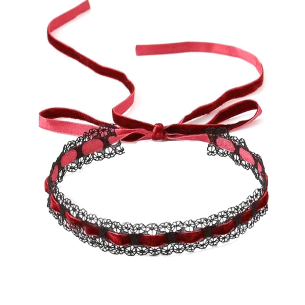 What you see is an image of Seductive Lace Velvet Wife Collar and Choker in black and red colors, featuring intricate lace details and a soft velvet ribbon for elegance and allure.