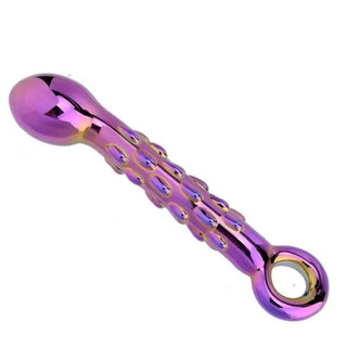 Futuristic-looking dildo with vivid colors, 7.09 inches long and 1.77 inches wide, made of firm glass material.
