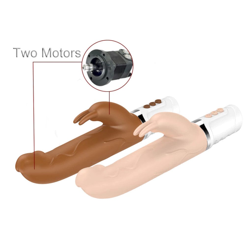 Naughty Bunny Thrusting Vibrator Dildo in brown color, measuring 8.7 inches in full length and 4.7 inches insertable length.