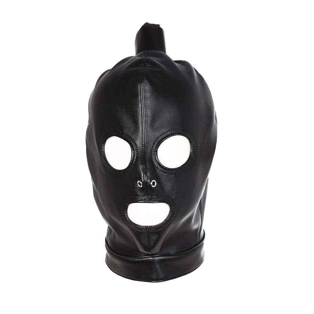 Observe an image of Leather Mask With Ponytail, designed with adjustable fit and synthetic leather material.