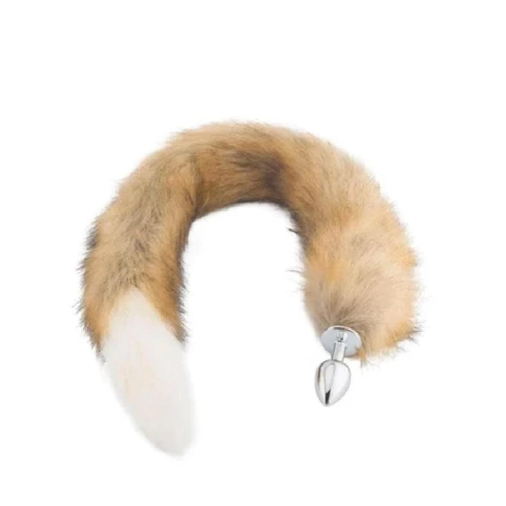 Stainless Steel Butt Plug With 32-Inch Brown and White Fox Tail