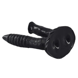 This is an image of the dual penetration dildo with a pointy tip and ribbed body for G-spot stimulation.