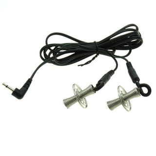 Take a look at an image of Pleasure Stimulation Electro Clamps Set with clamps for nipple stimulation, a ring for maintaining hardness, and a sound for arousal