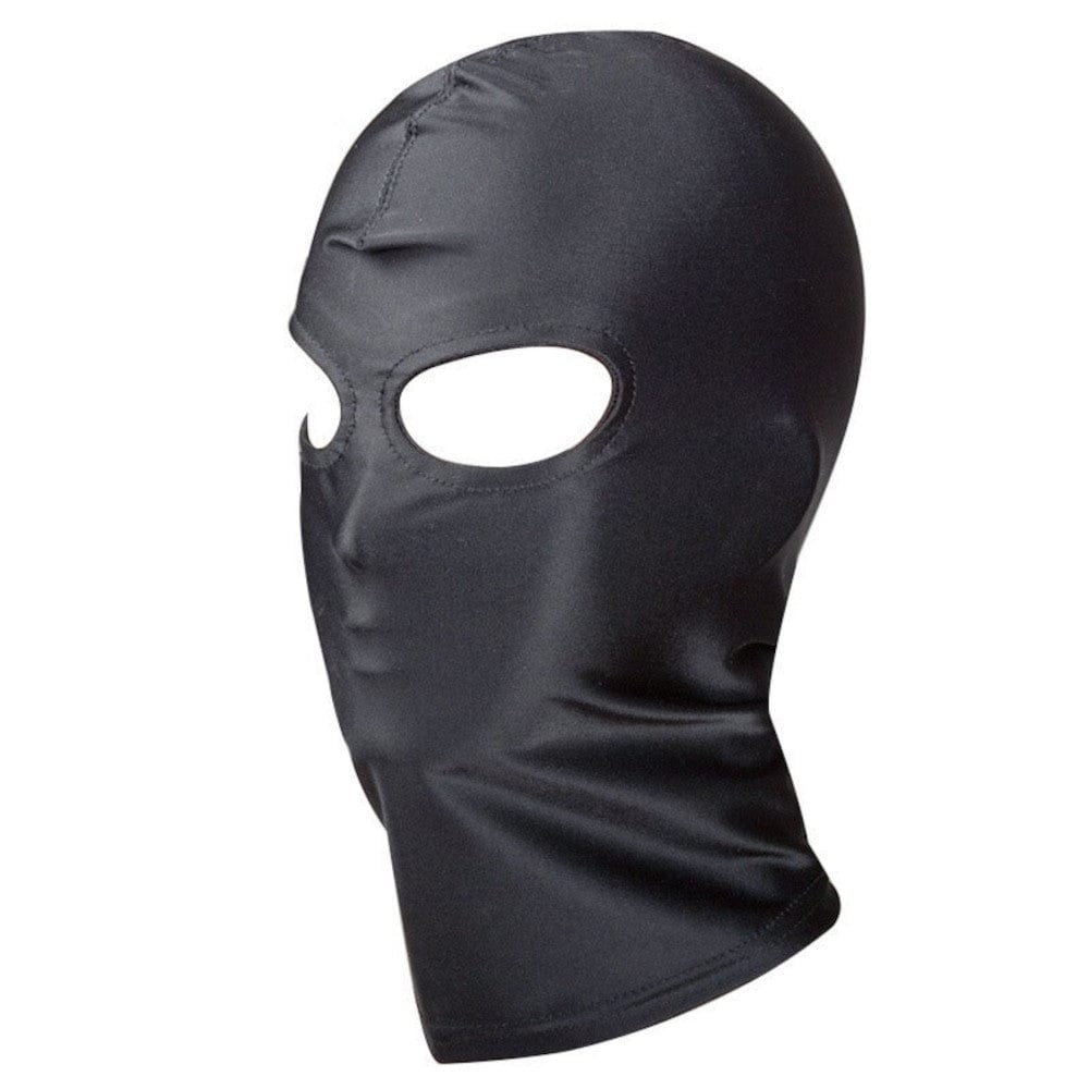 Presenting an image of the Burglar Fantasy Bondage Hood in black nylon material, perfect for exploring forbidden pleasures.