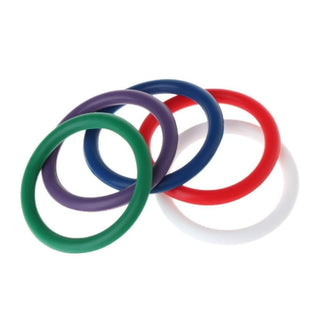 Check out an image of Rainbow 5-in-1 Silicone Ring Set in blue, white, green, red, and purple colors for enhancing intimate experiences.