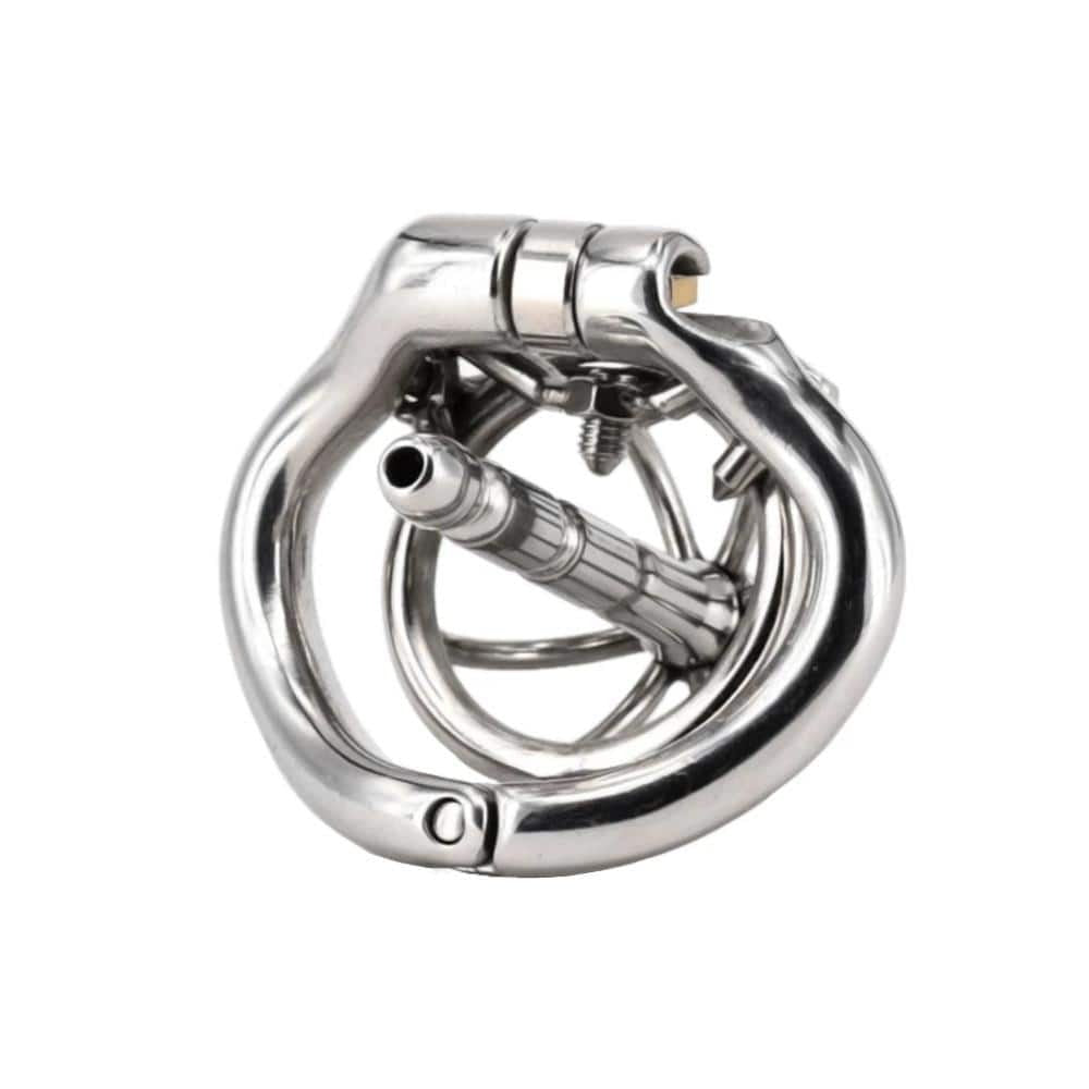 Take a look at an image of the Mini Spiked Urethral Male Chastity Cage with dimensions of 1.73 inches in length and 1.26 inches in width.