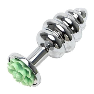 This is an image of Shiny Ribbed Pretty Flower Metal Plug 2.76 Inches Long, promising an exciting twist to intimate moments with its unique design.