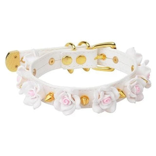 Flowers and Spikes Cute Collar in white with gold spikes, a versatile accessory for both daywear and BDSM sessions.