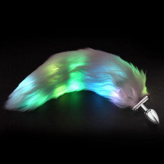 LED Tail Plug with stainless steel 1.18 wide plug and a 17.71 sky blue faux fur tail.