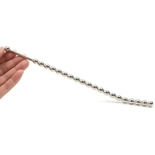 10-inch long stainless steel penis plug with a curved design for comfortable insertion.