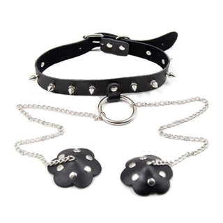 Intimate accessory image of Studded with Spikes O Ring Choker With Nipple Covers made from premium leather and metal for comfort.