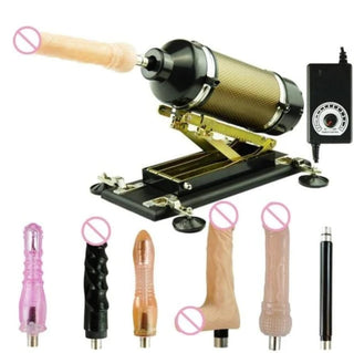 Featuring an image of High-Powered Sex Machine Dildo crafted with stainless steel, solid wood, and PU leather for comfort and durability.