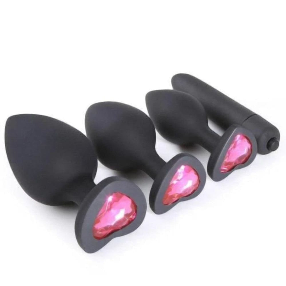 A picture of Silicone Princess Anal Training Kit with Extra Vibrator 4pcs set, featuring varying lengths and widths for personalized comfort.