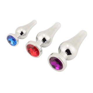 Take a look at an image of Silver Cone-Shaped Princess Jeweled 3-Piece Set Trainer Huge in light blue, pink, violet, dark blue, and red colors with stainless steel plugs.