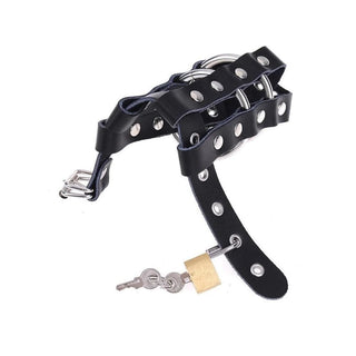 You are looking at an image of the bicast leather material against the skin, known for its durability and comfort in the Leather Punisher Chastity Restraint.