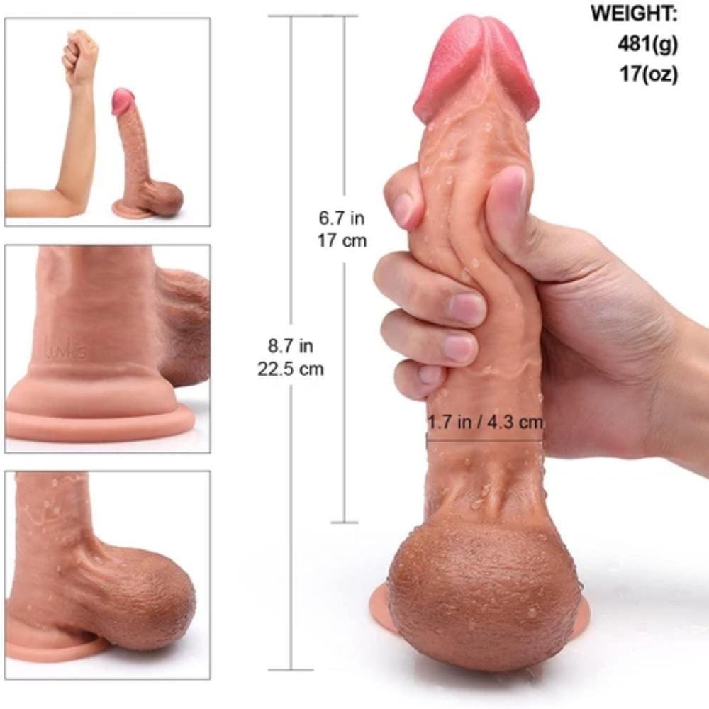Observe an image of Lifelike King Sized 9 Inch Realistic Skin Dildo, a flesh-colored rubber dildo measuring 9.06 inches in length and 1.54 inches in width.