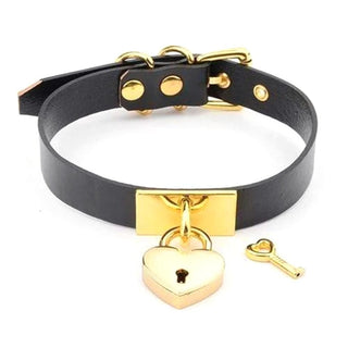 Displaying an image of Trendy Heartsy Female Locking Collar BDSM Leather Slave in Purple and Gold color