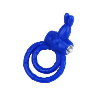 Dual-action vibrating cock and ball ring with bunny extension for enhanced pleasure.