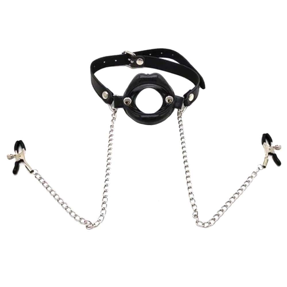 View of Slave Punishment Gag With Nipple Clamps in rose color, highlighting the high-quality plastic gag and stainless steel components.