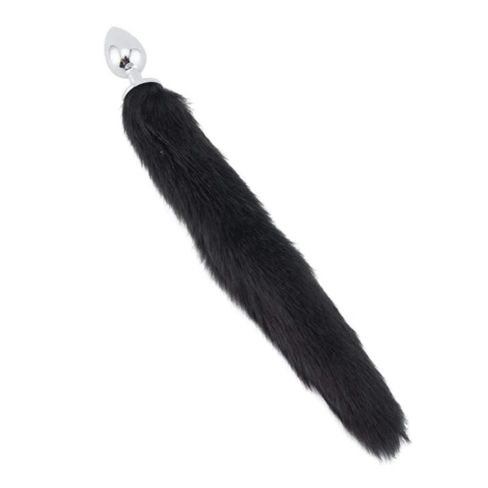 Midnight Black Wolf Tail Butt Plug with Stainless Steel Plug
