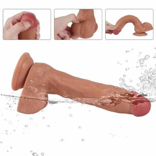 Suction cup squirting dildo in flesh color fulfilling creampie and facial fantasies, providing a unique and pleasurable experience.