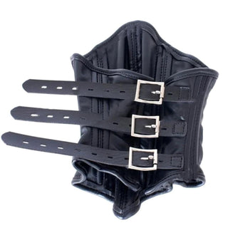 Displaying an image of Black Leather Mouth Corset Binder, a stylish and restrictive tool for power dynamics in intimate play.