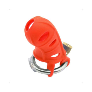 Pictured here is an image of Adjustable Silicone Chastity Device in red, white, and blue colors with a silicone cage and stainless steel ring.