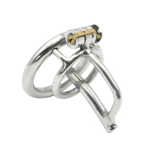 Check out an image of Urethral Dilator Stainless Prince Albert Steel Silver Cage with three cock rings and a built-in plug.