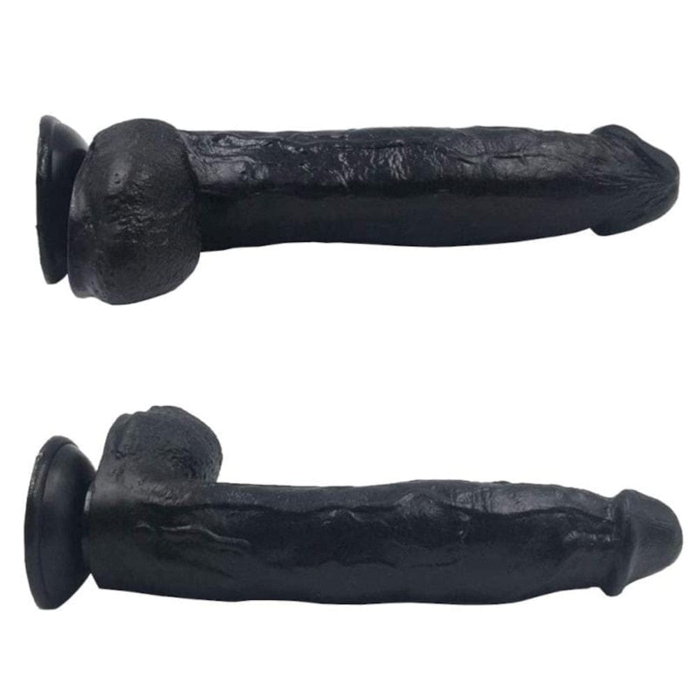 Black 12 inch silicone anal dildo with lifelike texture and flared base.